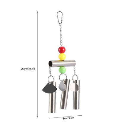 Metal bird toy with hanging tubes and colored beads, shown on a white background with dimension lines indicating 26cm height and 8cm width.