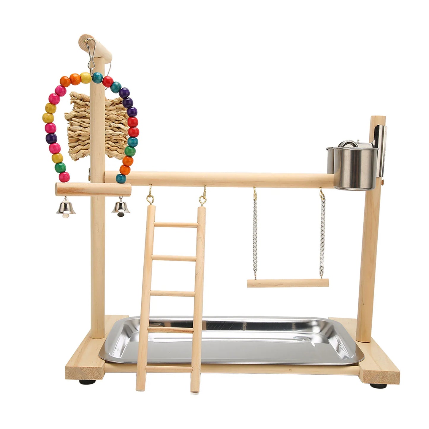 Pine Wood Bird Play Gym with Corn Husk Swing & Feeding Cups | Bon Bon Bird Toys