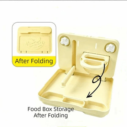 A beige plastic food box shown open on a white background, with an inset showing the lid folded flat and text reading 'After Folding.' The main product appears to be a compact storage/food container with a hinged lid and compartment design.