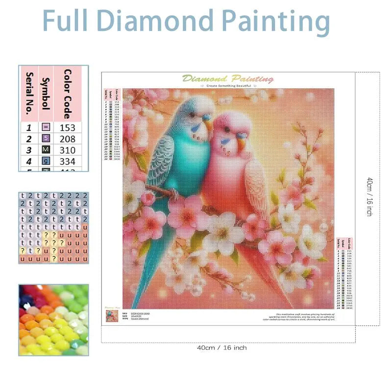 Parakeets Among Cherry Blossoms Diamond Painting Kit