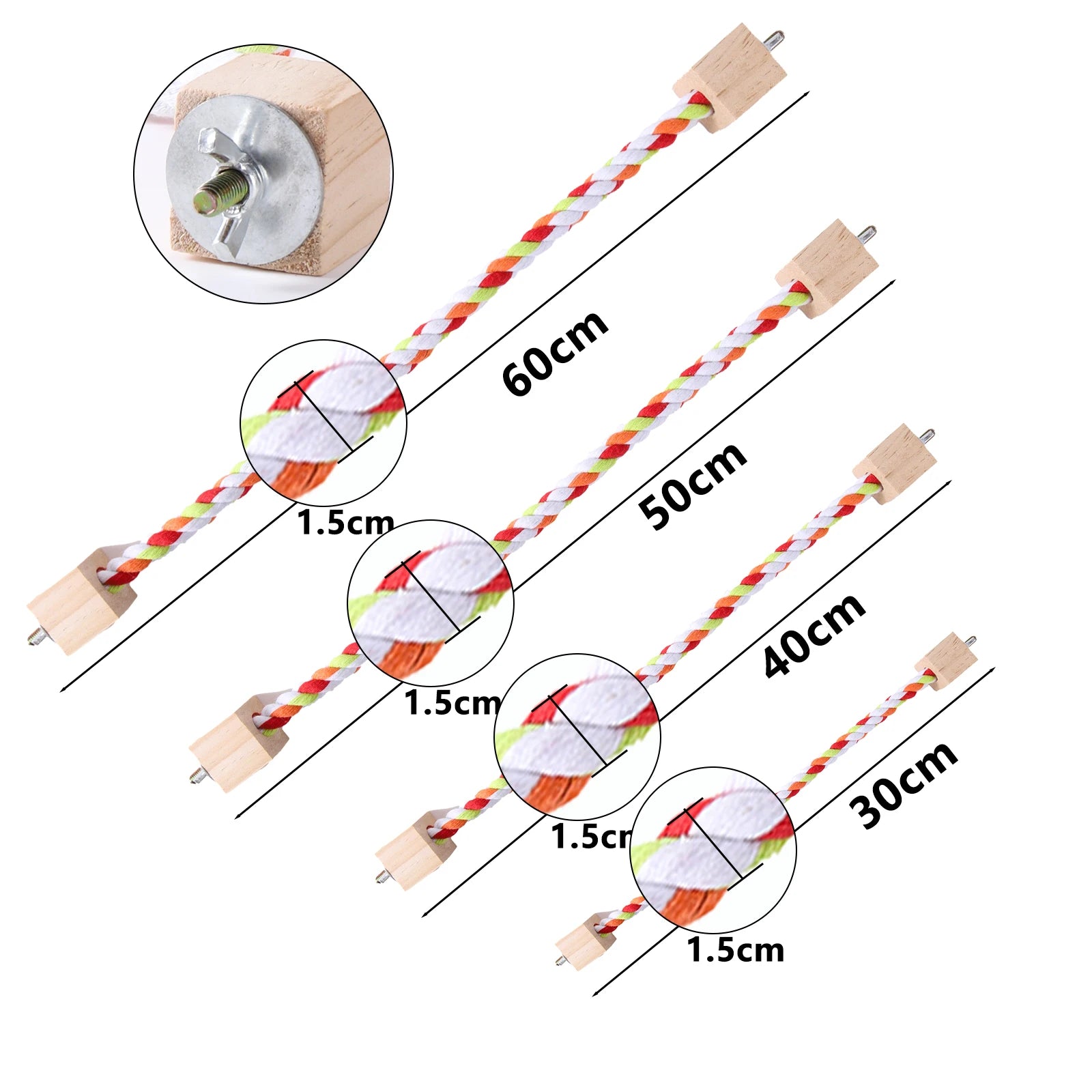 Multicolor Cotton Rope Bird Perch with Wood Block Ends