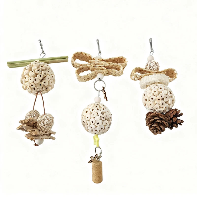 Set of bird toys with natural elements on a white background
