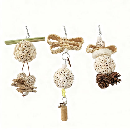 Set of bird toys with natural elements on a white background