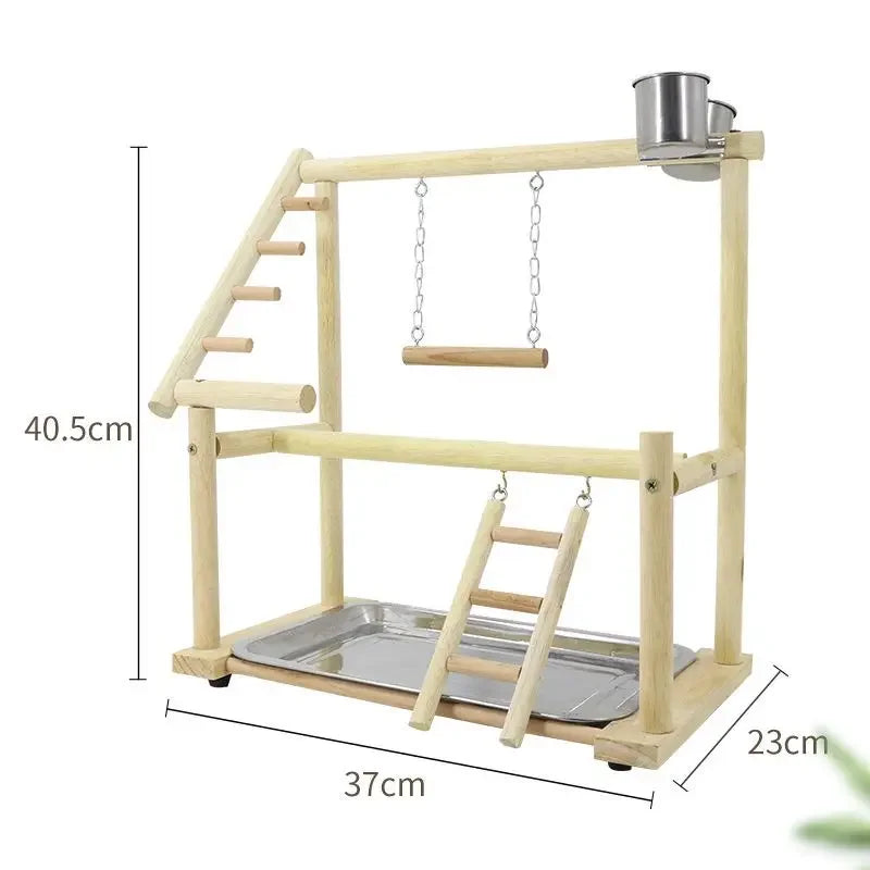 Wooden Bird Play Gym with Ladder & Stainless Steel Cups | Bon Bon Bird Toys