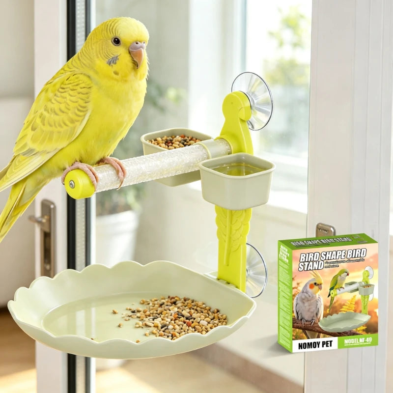 Suction Cup Window Perch with Feeder Dish & Toy | Bon Bon Bird Toys
