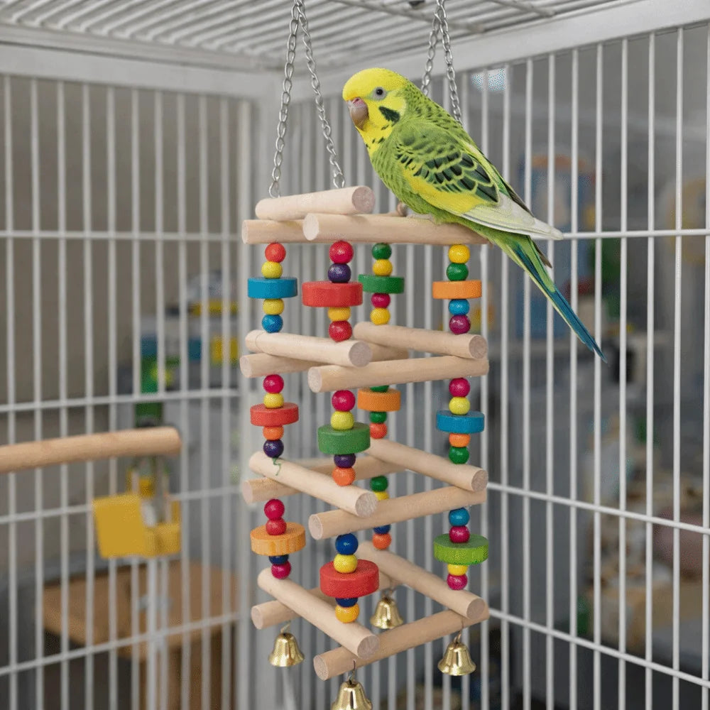 Colorful Wooden Climbing Ladder with Bells for Birds | Bon Bon Bird Toys
