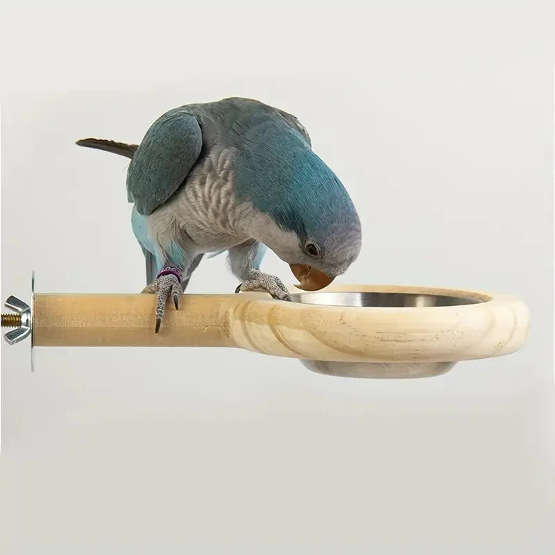 Wooden Perch with Feeding Bowl for Birds | Bon Bon Bird Toys
