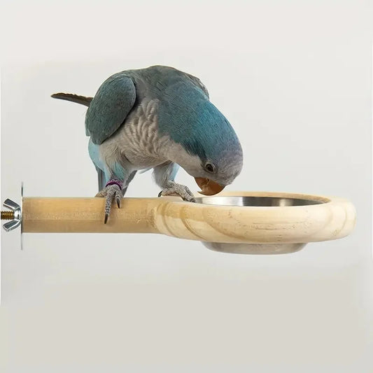 Wooden Perch with Feeding Bowl for Birds | Bon Bon Bird Toys