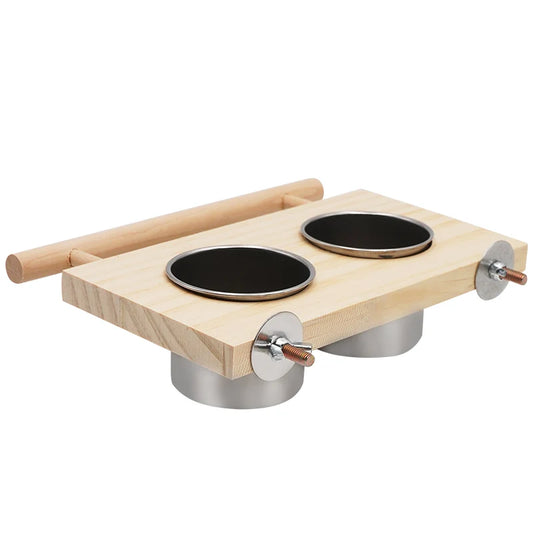 Wood Perch Stand with Stainless Steel Feeding Cups