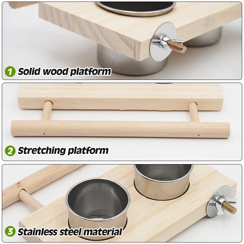Wood Perch Stand with Stainless Steel Feeding Cups