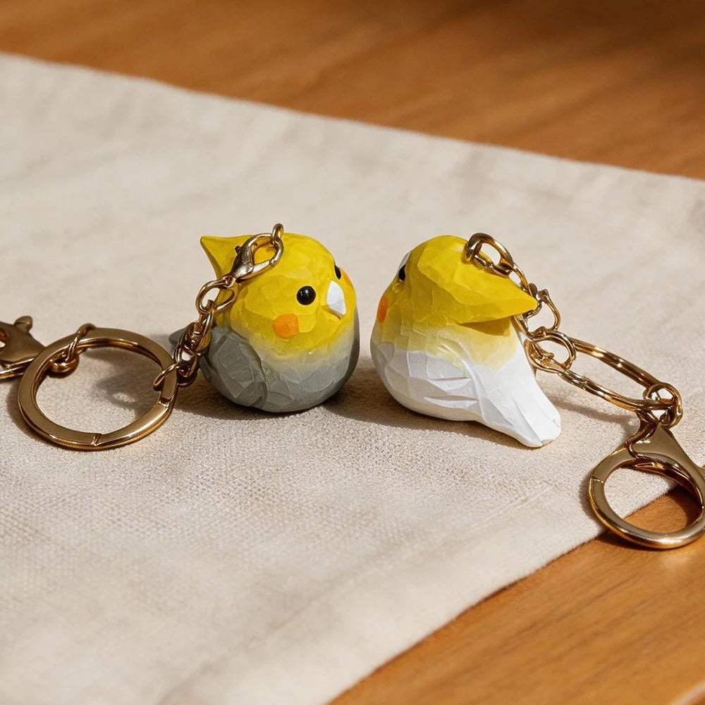 Hand-Carved Wood Cockatiel Keychain | Bon Bon Bird Toys