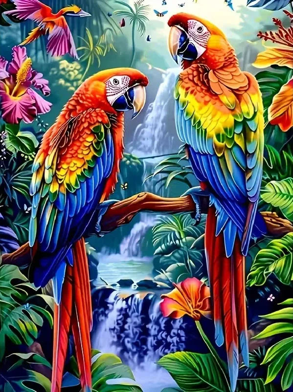 Scarlet Macaws in Tropical Jungle Diamond Painting Kit | Bon Bon Bird Toys