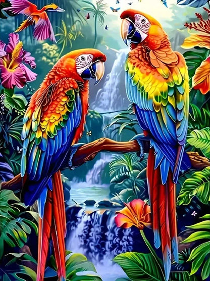 Scarlet Macaws in Tropical Jungle Diamond Painting Kit | Bon Bon Bird Toys