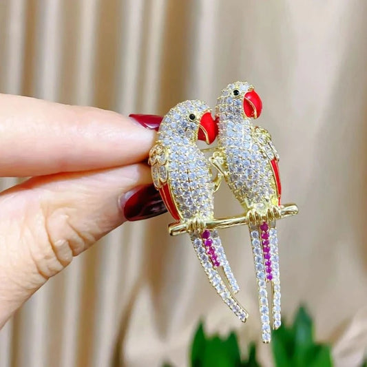 Zirconia Double Parrot Brooch - Bon Bon Bird Toys